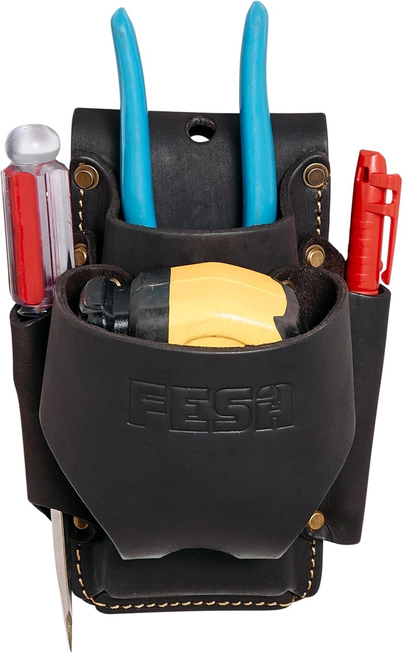 fesa Small Leather Tool Pouch - 4-in-1 Heavy Top Grain Leather Small Tool Pouch with a Tape Measure Holder, 3 Pockets & Reinforced Heavy Duty Rivets - Fits Belts up to 3" - Handcrafted - Image 1